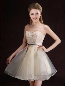 Champagne A-line Appliques and Belt Quinceanera Court Dresses Lace Up Organza Sleeveless Mini Length