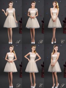 Champagne Lace Up Wedding Guest Dresses Beading and Lace and Appliques and Belt Sleeveless Mini Length