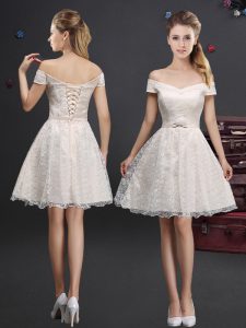Off the Shoulder Champagne Lace Lace Up Dama Dress Sleeveless Knee Length Lace and Appliques