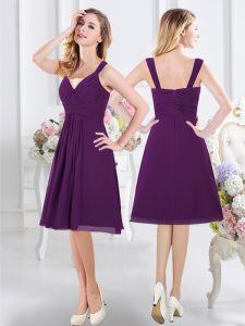 Discount Purple Chiffon Zipper Bridesmaid Dress Sleeveless Knee Length Ruching