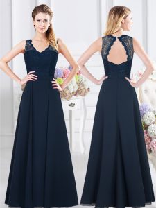 Noble Navy Blue Empire Chiffon V-neck Sleeveless Lace and Ruching Floor Length Backless Bridesmaids Dress