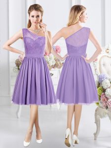 One Shoulder Lavender A-line Lace Bridesmaids Dress Side Zipper Chiffon Sleeveless Knee Length