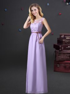 Scoop See Through Chiffon Sleeveless Floor Length Wedding Guest Dresses and Lace and Appliques and Belt