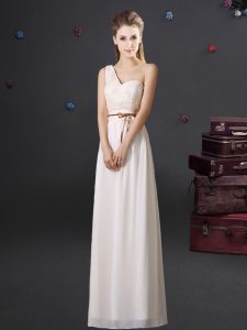 One Shoulder Sleeveless Lace and Appliques and Belt Lace Up Bridesmaids Dress