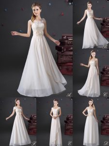 Sleeveless Chiffon Floor Length Zipper Quinceanera Court of Honor Dress in White with Lace and Appliques and Bowknot