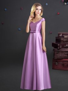 Colorful Off the Shoulder Floor Length Lilac Bridesmaid Gown Elastic Woven Satin Cap Sleeves Bowknot