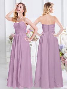 Traditional Lavender Empire Chiffon Sweetheart Sleeveless Ruching Floor Length Zipper Wedding Guest Dresses