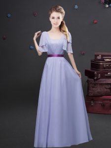 Affordable Square Short Sleeves Chiffon Floor Length Zipper Wedding Guest Dresses in Lavender with Ruching and Belt