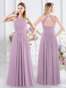 Best Selling Halter Top Sleeveless Floor Length Ruching Zipper Damas Dress with Lavender