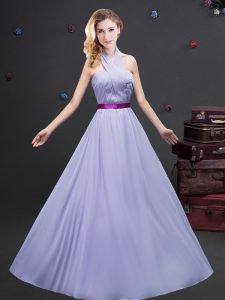 Fantastic Lavender Empire Halter Top Sleeveless Chiffon Floor Length Zipper Belt Wedding Party Dress