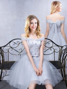 Off the Shoulder Short Sleeves Grey Tulle Lace Up Wedding Guest Dresses Sleeveless Knee Length Lace and Appliques and Be