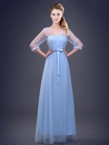 Light Blue Tulle Lace Up V-neck Half Sleeves Floor Length Bridesmaid Dress Ruching and Bowknot