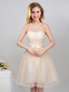 Halter Top Mini Length Champagne Vestidos de Damas Tulle Sleeveless Lace and Appliques and Belt