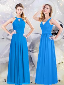 Discount Halter Top Floor Length Baby Blue Bridesmaids Dress Chiffon Sleeveless Ruching