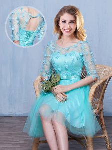 Stylish Aqua Blue Wedding Party Dress Prom and Party and Wedding Party and For with Lace and Appliques and Bowknot Scoop
