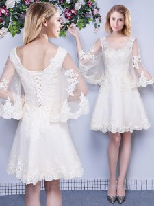 Vintage White Tulle Lace Up Scoop 3 4 Length Sleeve Knee Length Wedding Party Dress Lace