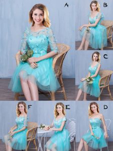 Cheap Scoop Sleeveless Tulle Quinceanera Dama Dress Lace and Appliques and Bowknot Lace Up