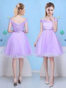 Charming Knee Length Lavender Bridesmaid Dress Tulle Cap Sleeves Bowknot
