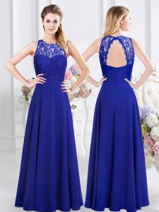 Scoop Sleeveless Chiffon Floor Length Backless Quinceanera Dama Dress in Royal Blue with Lace