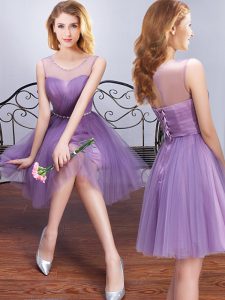 High End Scoop Lavender Lace Up Quinceanera Court of Honor Dress Beading and Ruching and Belt Sleeveless Mini Length