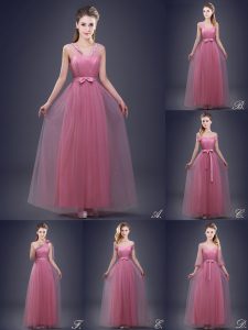 V-neck Sleeveless Bridesmaid Dress Floor Length Beading and Appliques and Ruching and Bowknot and Hand Made Flower Pink 