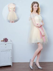 Off the Shoulder Short Sleeves Tulle Mini Length Lace Up Damas Dress in Champagne with Lace and Appliques and Ruffles an