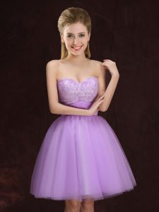 Cheap Lilac Tulle Lace Up Quinceanera Dama Dress Sleeveless Mini Length Lace and Ruching