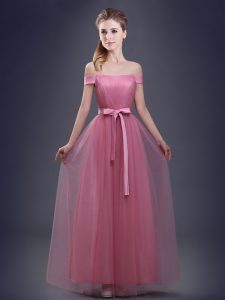 Traditional Pink Empire Tulle Off The Shoulder Sleeveless Ruching and Bowknot Floor Length Lace Up Bridesmaids Dress
