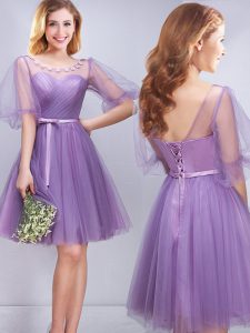 Lavender Scoop Neckline Appliques and Ruching and Belt Quinceanera Court of Honor Dress Half Sleeves Lace Up