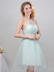 Fantastic Halter Top Apple Green A-line Lace and Appliques and Belt Vestidos de Damas Lace Up Tulle Sleeveless Mini Leng