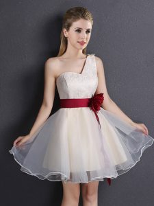One Shoulder Sleeveless Organza Mini Length Lace Up Quinceanera Court of Honor Dress in Champagne with Lace and Hand Mad