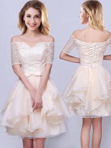 Flirting Off the Shoulder Champagne Short Sleeves Lace and Ruffles and Belt Mini Length Wedding Guest Dresses