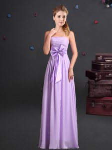 Luxurious Lavender Empire Strapless Sleeveless Chiffon Floor Length Zipper Ruching and Bowknot Bridesmaid Dress