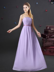 Chiffon Strapless Sleeveless Lace Up Lace and Belt Bridesmaid Gown in Lavender