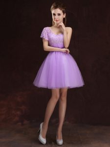 One Shoulder Lilac Ball Gowns Lace and Ruching Wedding Party Dress Lace Up Tulle Sleeveless Mini Length