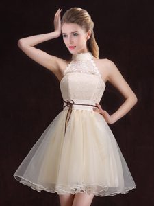 Halter Top Champagne Sleeveless Lace and Belt Mini Length Wedding Guest Dresses