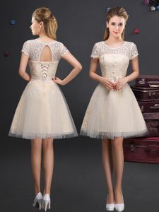 Trendy Scoop Short Sleeves Lace and Appliques and Belt Lace Up Wedding Guest Dresses