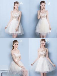 Square Sleeveless Lace Up Mini Length Sequins and Bowknot Bridesmaid Dresses