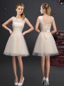 Graceful Scoop Champagne Lace Up Bridesmaid Gown Lace and Appliques and Belt Sleeveless Mini Length