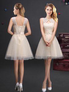 Customized Scoop Mini Length Champagne Bridesmaid Gown Tulle Sleeveless Lace and Appliques and Belt