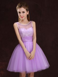 Mini Length Lilac Bridesmaid Dress Scoop Sleeveless Lace Up