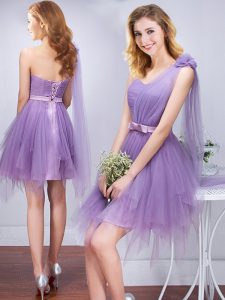 Artistic One Shoulder Lavender Tulle Lace Up Bridesmaid Gown Sleeveless Mini Length Ruffles and Ruching and Belt and Han