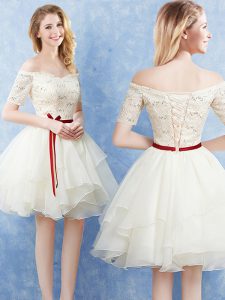 Off the Shoulder Short Sleeves Mini Length Lace Up Wedding Guest Dresses Champagne for Prom and Party and Wedding Party 