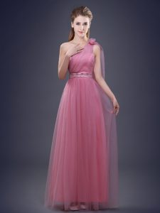 Pink Lace Up One Shoulder Beading and Ruching and Hand Made Flower Wedding Party Dress Tulle Sleeveless