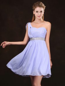 Glittering One Shoulder Lavender Sleeveless Mini Length Sequins and Ruching Zipper Bridesmaid Gown
