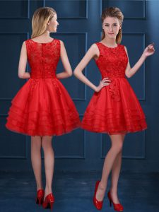 Eye-catching Red A-line Scoop Sleeveless Organza Mini Length Zipper Lace and Ruffled Layers Wedding Guest Dresses