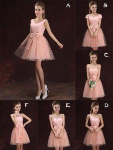 Mini Length Lace Up Court Dresses for Sweet 16 Peach for Prom and Party with Lace and Bowknot