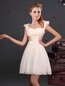 Straps Sleeveless Bridesmaid Gown Mini Length Ruching and Bowknot Champagne Chiffon