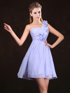 One Shoulder Ruffles and Ruching Dama Dress for Quinceanera Lavender Zipper Sleeveless Mini Length