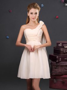 One Shoulder Mini Length Champagne Quinceanera Court Dresses Chiffon Sleeveless Ruching and Hand Made Flower